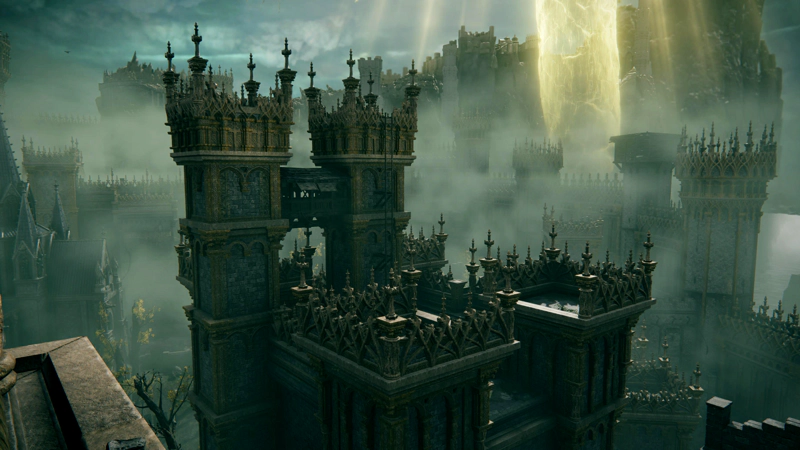 A separate bastion within the castle walls, with four towers with the same design aesthetic as the main ramparts. The rest of the castle can be seen stretching into the distance beyond.