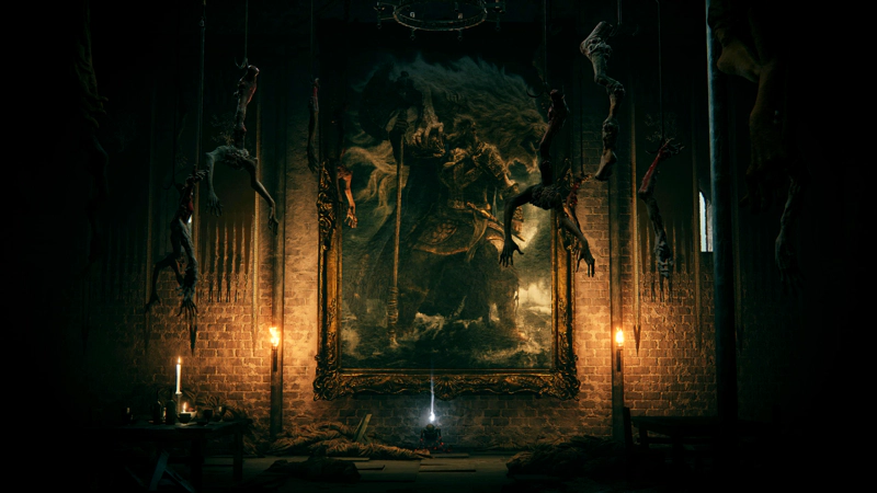 A majestic portrait of an armoured man guarded by a white lion, in a dimly-lit castle banqueting hall. Severed limbs dangle on meathooks from the ceiling, and beneath the painting a white wisp of flame rises from a corpse.