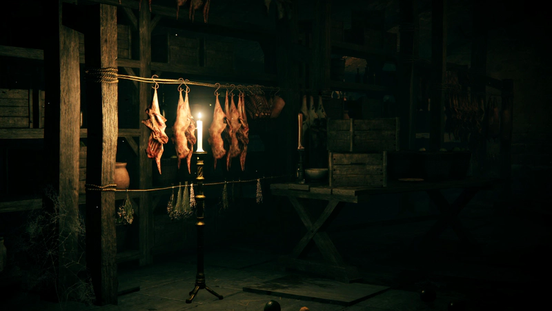 A dark store-room, filled with wooden shelving and boxes. A lit candlestick reveals a pair of ropes from which animal carcasses and herbs are hung.