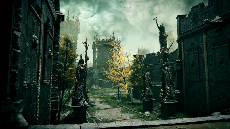 A dilapidated promenade through the castle, between monumental statues of black stone with golden decorations. Grass grows between the paving, and golden trees overhang the way. In the sky above, birds flock in dark silhouettes.