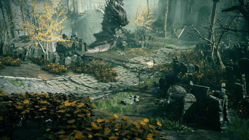 A graveyard at the castle's heart. Golden flowers have overrun the paved path to the throneroom, and amidst the graves, a dragon stands impaled on a large spear-like structure.