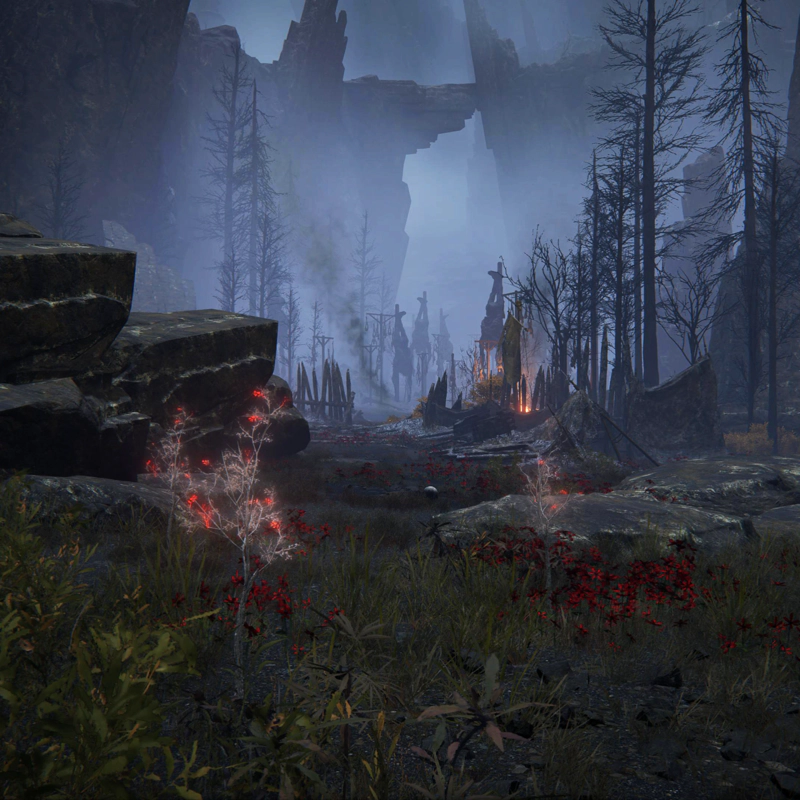 A rocky valley lined with blood-red flowers, broken tents and rows of wooden stakes, shattered and askew. Tall, narrow pine trees stand sparse amidst the pale smoke, and in the distance the corpses of giants dangle inverted from large wooden posts.