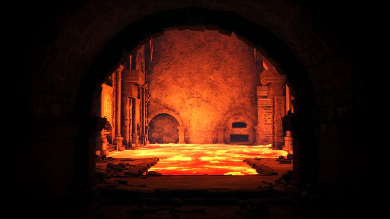 A stone archway leading towards a glowing pool of lava, confined by ancient architecture.