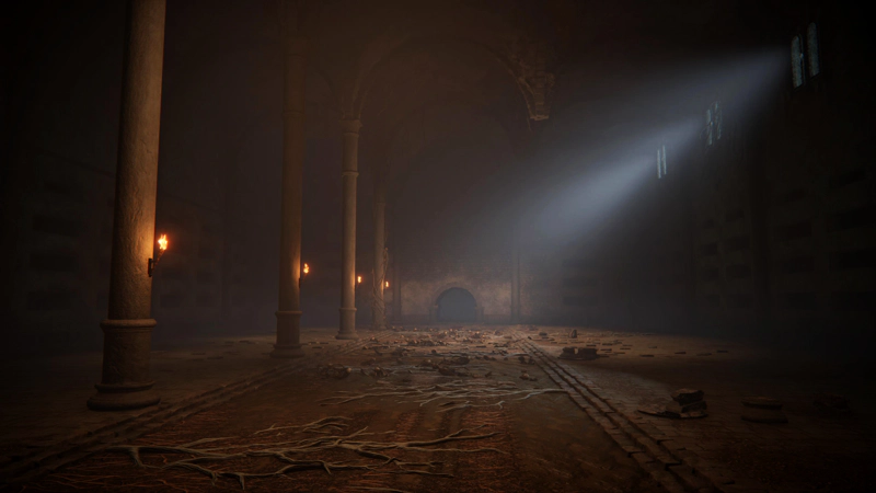 A large vaulted chamber, lit by shafts of moonlight from high windows. A row of pillars holds up the left-hand side of the vault, while the pillars on the right have been destroyed. The floor is dusty brown, and decorated with root patterns.