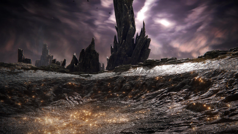A glistening crater beneath purple clouds. At the centre of the impact zone, the silver-grey rock glows with golden sparkles.
