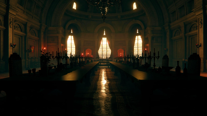 A view from the foot of a long, U-shaped banqueting table, towards the sunset streaming in through the curtained windows beyond. The sun reflects bright on the centre of the floor tiles, and the carpet either side is ragged and worn.