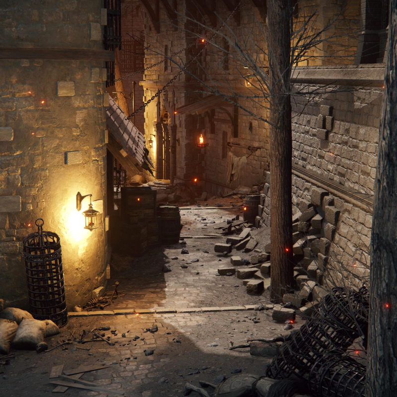 A rubble-strewn alleyway in a prison town, lit with iron lanterns and strewn with small black-iron cages. Chains cross from building to building above head height, and glowing red sparks drift lazily through the air.