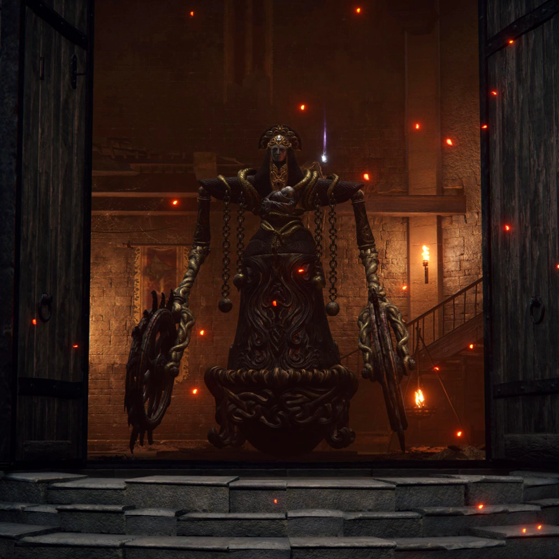 A large metal automaton - an Abductor Virgin - styled to look like a woman in robes with an iron baby swaddled to her chest, with giant metal saw blades for hands, stands guard beyond a large set of double-doors. The tower within is lit orange by torches, and the air is filled with glowing embers.