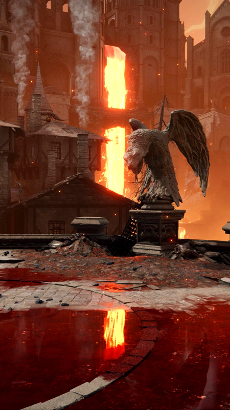 A stone statue of a winged lizard-like creature, on a pedestal in a round plaza. The paving below is mostly obscured by a shallow pool of blood, which reflects the blazing light of a waterfall of lava in the far distance.
