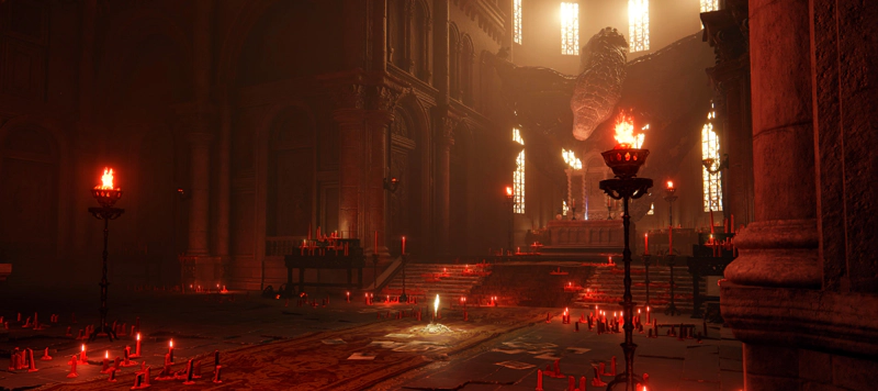 A church lit with red flames and scattered red candles. An altar stands before a large snake-headed statue, and golden sunlight streams in through high windows beyond.
