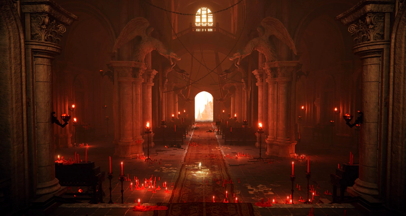 A church lit with red flames and scattered candles. A grace glows upon a faded carpet of red and gold, and each pillar is topped with a winged-lizard gargoyle.