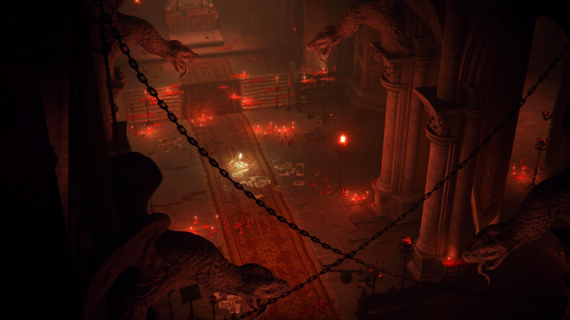 A view of the red-candle church from up in the rafters, looking down on the winged-lizard gargoyles and the grace far below. A pair of black iron chains loop from side to side, crossing near the bottom of the image.