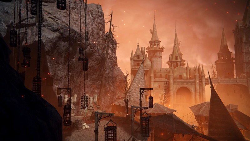 Black iron cages dangle over the shattered and tilted rooftops and spires of the prison town. Orange mist rises from the lava below.