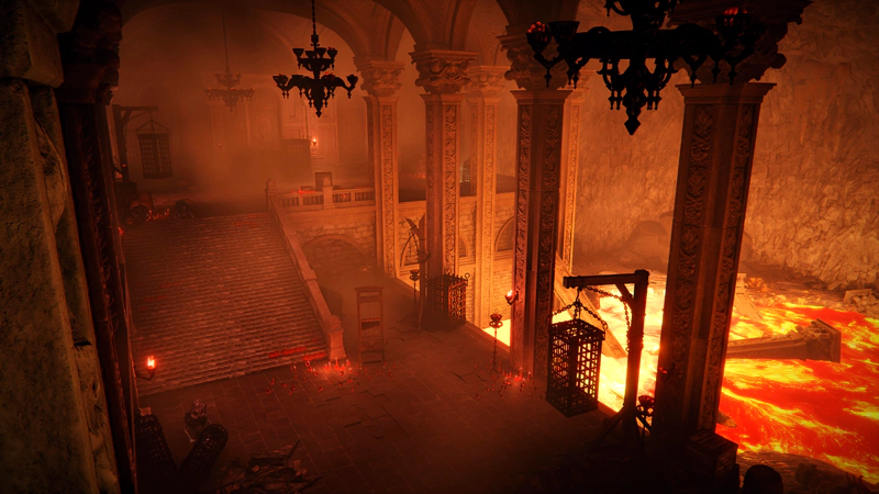 A large chamber decorated with chandeliers and black iron cages, lit by a glowing lava-flow beyond pillars to the right.