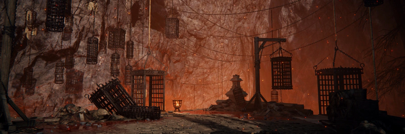 A broken plaza, leading towards a black iron cage with only two sides, attached to a pulley system. Beyond, the granite walls are lined with dangling cages, lit by the lava below.