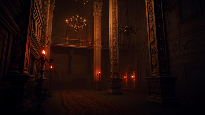 An inner chamber of the manor, lit red by candelabra and a pair of ornate chandliers. Tall, intricately-carved pillars hold up a double-height ceiling with a mezzanine balcony, and a dimly-lit archway leads to the right.