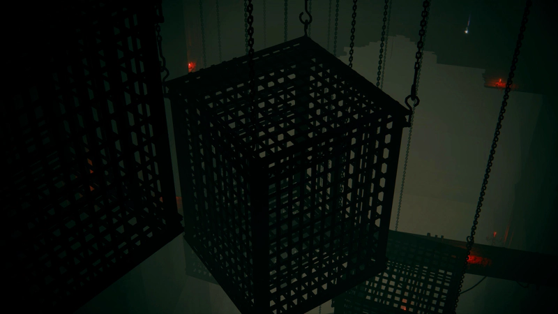 A dark chamber, disappearing into the gloom below. Large cuboid black-iron cages dangle from heavy chains, suspended in the air. Occasional red candles offer a little light from passing wooden beams.
