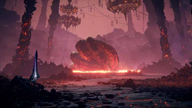 A vast chamber, lit by a pool of lava and held up by glowing black-and-red columns with writhing designs. At the heart of the lava, a vast serpent is coiled around itself, and in the foreground, a corpse crouches to the left, holding up a glowing purple spear.