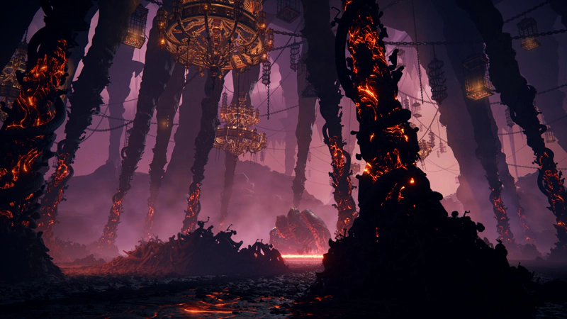 Looking towards the serpent from behind one of the writhing black-red pillars. From the ceiling dangle heavy, complex chandeliers and black-iron cages glowing orange from the heat, and the serpent itself is partially obscured by pink-purple mist.