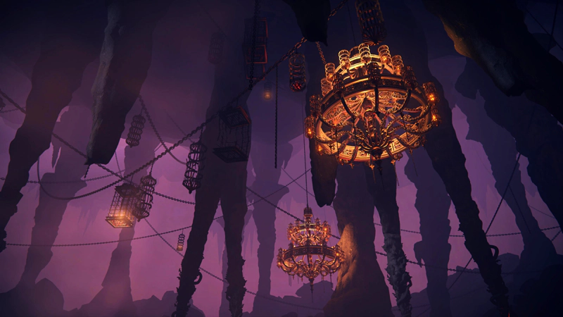 Looking up in the serpent's chamber, at chandeliers glowing orange amidst black, and watching the dark pillars drift away into purple mist.