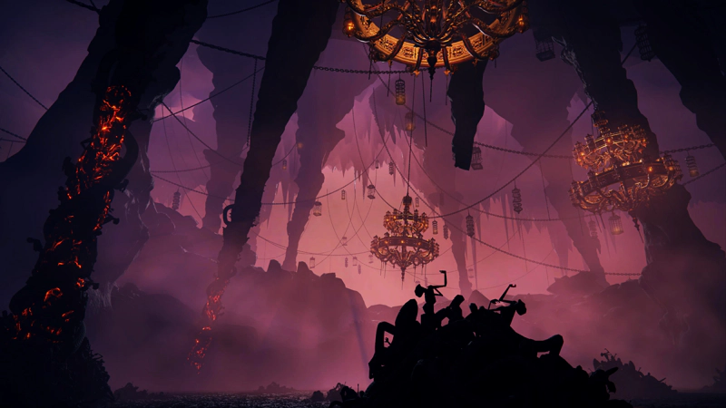 Looking across the serpent's chamber, the mist pinker than before. The serpent lies defeated, its mass collapsed into a pile of corpses trapped in humanoid rictus, silhouetted against the mist.