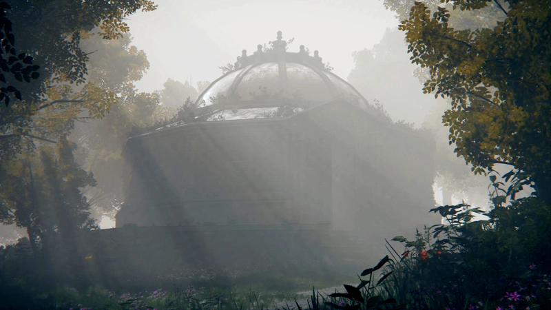 A large domed structure in a misty forest. The sunlight carves tracks through mist, down to the wildflowers growing in the clearing below.