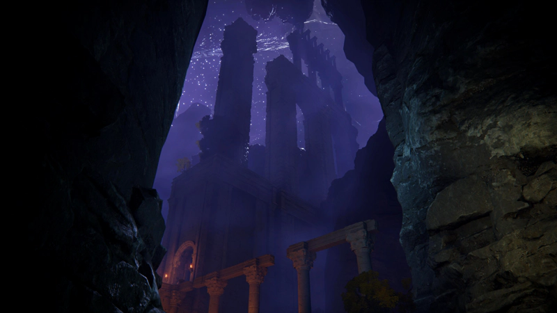 A view looking upwards from a cave entrance towards towering ruined arches and a rock ceiling studded with stars high above. Purple mist wreathes the pillars, and an archway close to the ground is lit with orange torchlight.