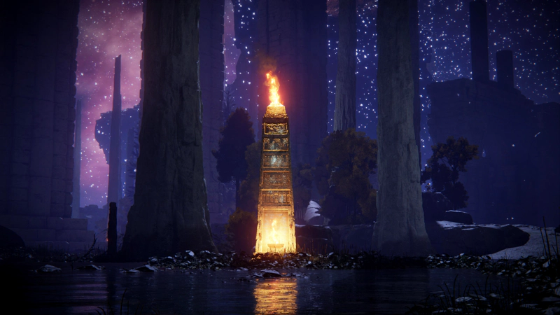 A tall stele covered in writing, in the midst of a blue-purple subterranean lake. Fires are lit at the top and bottom of the stele, and the sky is full of stars.