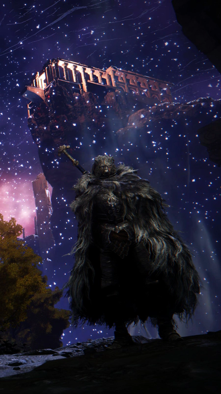Blaidd, a wolf-headed warrior in a fur cloak, standing on a rocky clifftop below a large temple glowing with pink light.