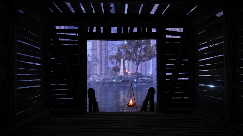 A view from inside a wooden shack with ramshackle plank walls, out across a subterranean lake lit with purple-blue light. Small electrical sparks hover above the water, dancing around a stone stele on a small island.