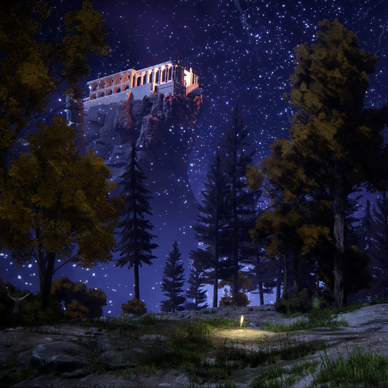 A small clearing amidst a sparse forest, beneath the purple-blue star-studded mist. A golden shard of grace shines from within grass, and a pink-lit temple rises high above.