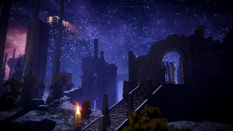 An underground landscape of rocky cliffs and ruined temples beneath a false sky full of stars. High above, a vast temple glows with pink light against the purple mists.