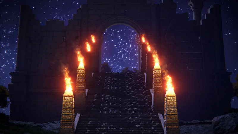 A processional stairway, lined with flame-topped stelae, leading towards a ruined temple archway. Beyond, the sky is purple and studded with stars.