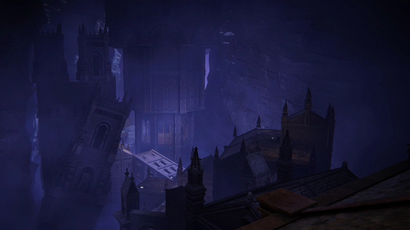 An underground city, wreathed in purple fog. The buildings have seen better days, some towers tilted, others fully collapsed. The corners of every roof are decorated with small spires, standing dark against the mist.