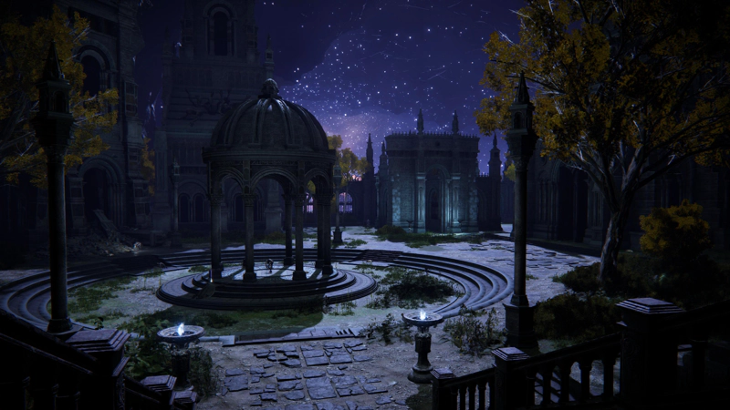 A circular courtyard with a domed gazebo at the centre. A pair of braziers burn white flame in the foreground, and beyond the structures the sky rises purple and studded with stars.