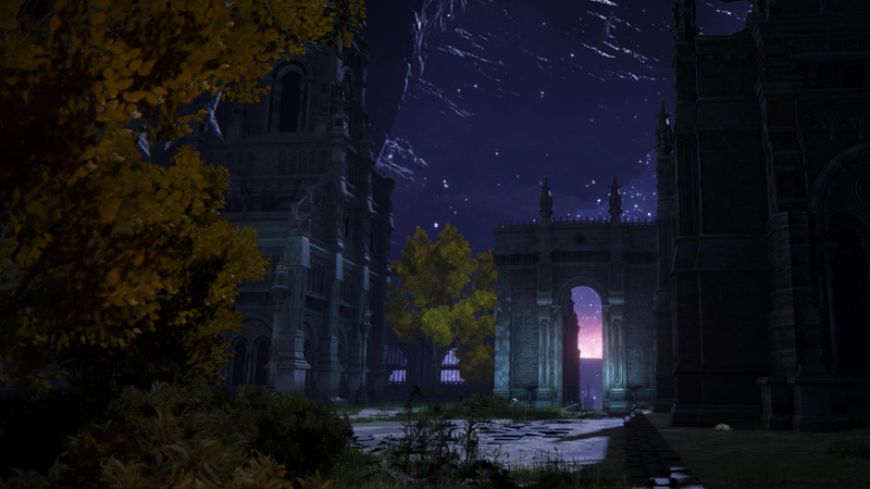 A city courtyard, partially overgrown with grasses and yellow-leaved trees. At the far side of the square, a tall archway leads towards pink light.