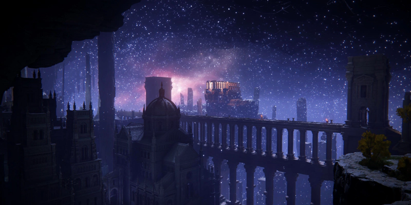 A city skyline amidst a purple sea of stars. A narrow viaduct - with two layers of arches of different sizes - leads from a stone gatehouse on the right, past a domed cathedral, towards a pink-lit temple complex in the distance.