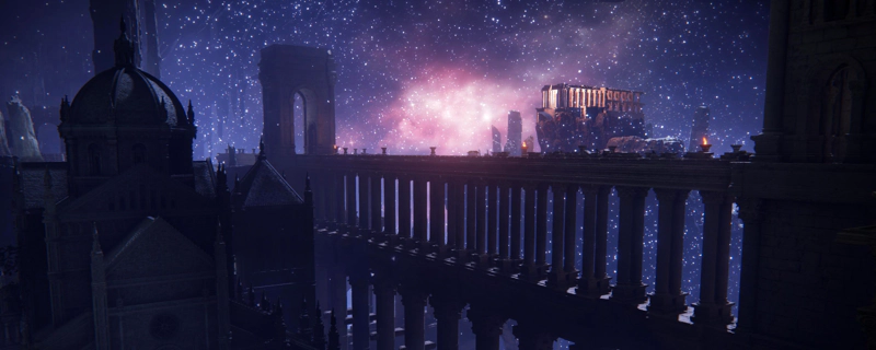 A city skyline amidst a purple sea of stars. A narrow viaduct - with two layers of arches of different sizes - leads from a stone gatehouse on the right, past a domed cathedral. A pink-lit temple complex rises in the distance.