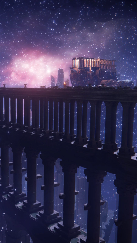 A two-layered viaduct rises into a purple star-struck sky. In the distance, a temple complex is lit with pink light.