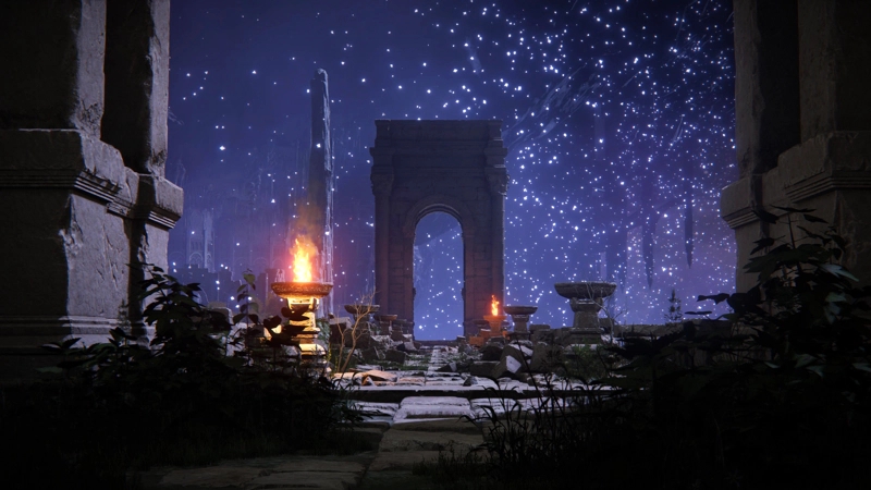A ruined roadway against a purple sea of stars. The paving is cracked and broken, overrun with foliage, and tumbledown with fallen stone. Ahead, an arched gatehouse seems to have survived the worst of the decay.