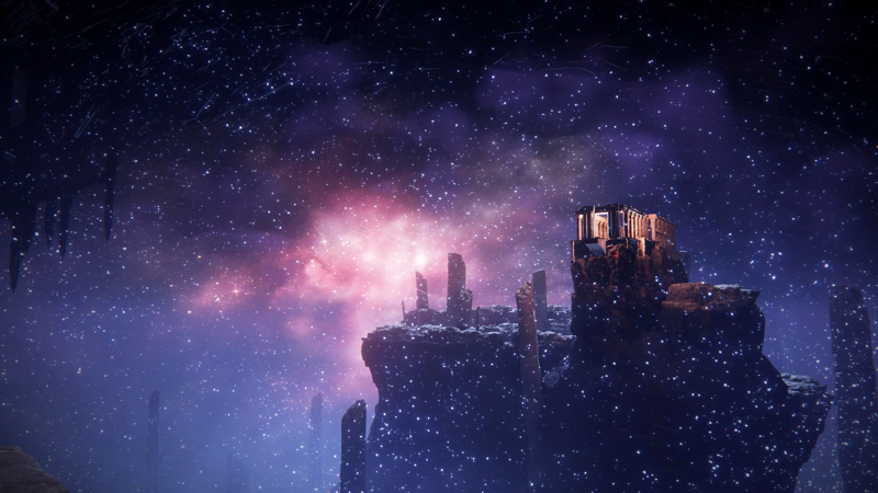 A purple-clouded sky, speckled with pale-blue stars. Beyond the stars, a large stone mount rises into the purple, topped with a pillared temple structure.