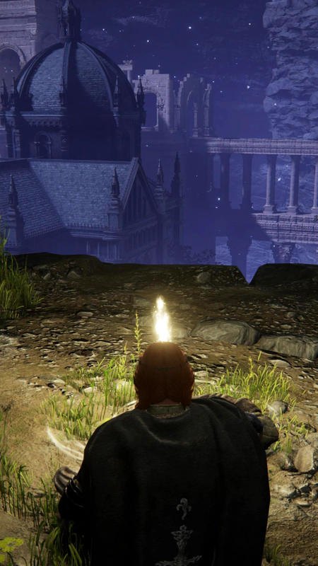 A red-haired confessor sits at a shard of grace, above purple-hued city rooftops.