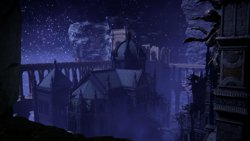 A view from a clifftop, overlooking a purple-drenched gothic cathedral in an underground city. Nearby architecture is decorated with humanoid figures with reaching hands.