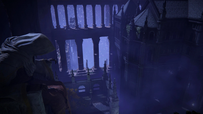 A view from a high place across from a cathedral rooftop and a pillared viaduct. A giant cowled statue sits on a throne in the street below, surounded by ornately barred archways.