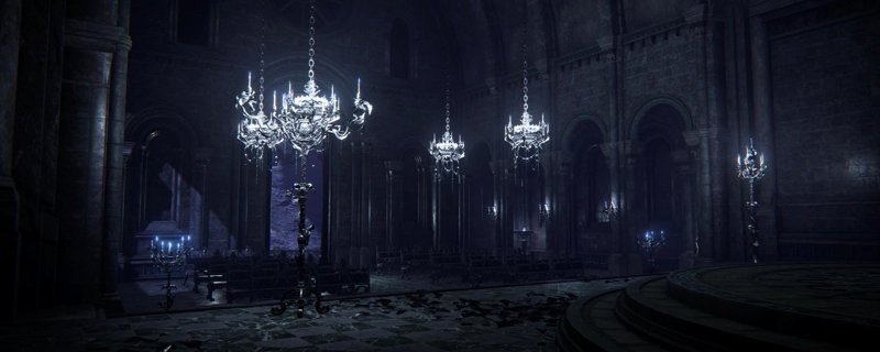 The interior of a dimly-lit, debris-strewn cathedral, lit by purple-white candles. To the right, a dais rises in three steps, and to the left, an arched doorway leads outside.