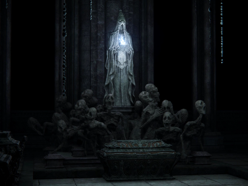 A close-up of a robed statue holding a bowl of white fire. The statue is surrounded by a sculpture of screaming corpses, and in front of them is an ornate ark of red and black metal. Strings of metal beads dangle from the ceiling all around.