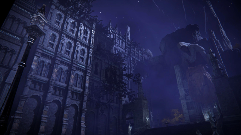 A street-level view of the city of Nokron. Four-storey buildings rise above, with stained-glass arched windows, and the streets are lit with streetlamps and robed statues with bowls of white fire. The statues lead up a wide set of stairs towards a vast statue of a cowled corpselike figure on a throne of stone.