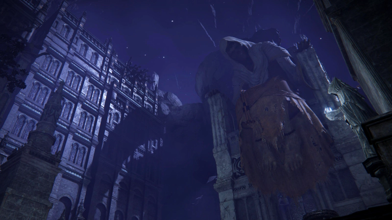 A closer view of the giant corpse figure on the throne. Their cowl is white, their dress yellow-brown and worn from the passage of time. Their feet are shrivelled underneath. Above them, rocky cliffs rise towards a rock-textured purple sky.