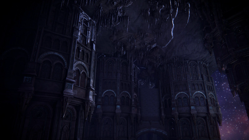 A rocky ceiling replete with stalactites above a succession of wide stalactite-like buildings hanging from the roof. The buildings have stained-glass arched windows, and a series of decorative arches, along with architectural spikes pointing downwards. The scene is lit with purple light, and to one side, the pink-purple starry sky can be seen.