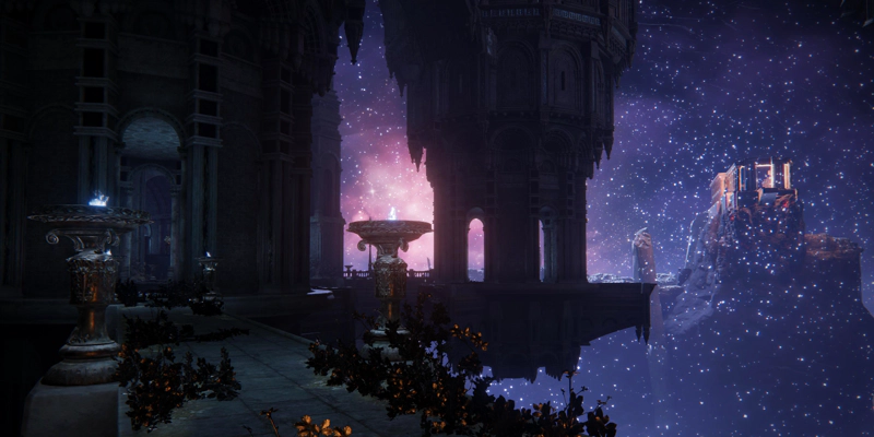 A suspended pathway overgrown with golden flowers, leading past two vase-like braziers towards an archway in a circular tower. To the right, a similar tower descends from the ceiling, unsupported from below, and to the far right, a pink-lit temple complex stands atop a rocky mount amidst a purple sky filled with star-like particles.